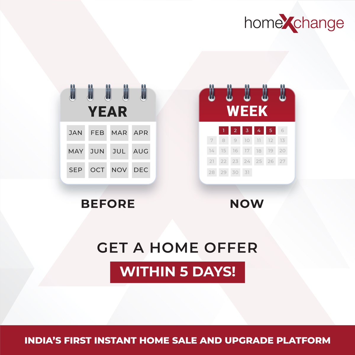 It no longer takes months to sell your current home &amp; upgrade to a new one! With Homexchange, you can get an offer in just 5 days &amp; upgrade to your desired new home in as little as 30 days.
Make your upgrade process;
✔️Swift
✔️Smooth
✔️Seamless

Visit homexchange.in/#upgrade-home now!