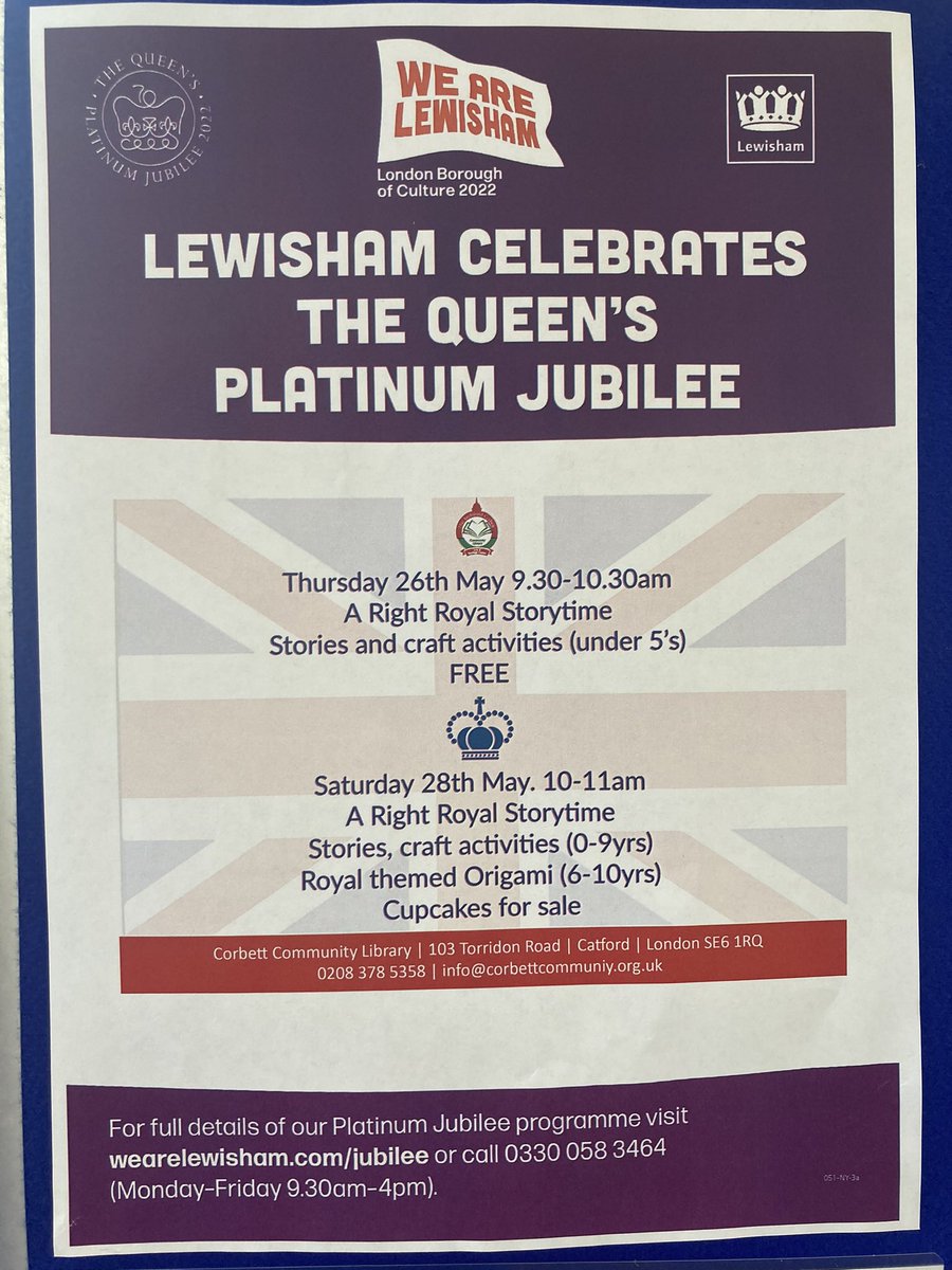 Jubilee stories, crafts, origami (and cupcakes) for young people at our place this morning, from 10-11am. 

#Catford #SE6 #HitherGreen #Lewisham #WeAreLewisham