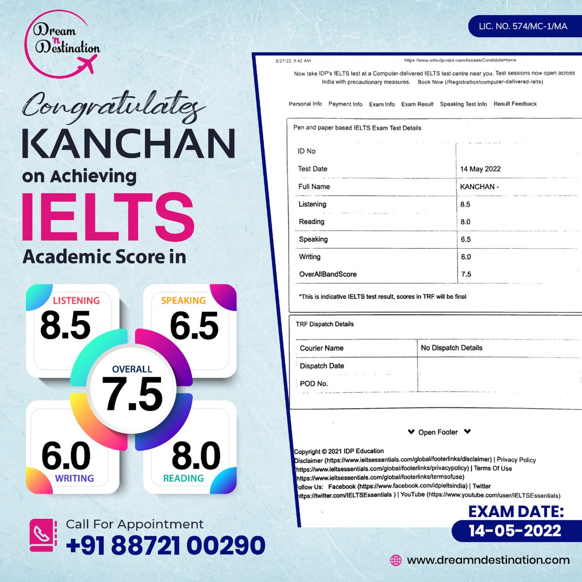 dreamndestinat2's tweet image. Heartiest congratulation to KANCHAN on achieving overall 7.5 Band in IELTSDream ‘n Destination has always made sure to deliver the top-notch Quality not just by words but by the Results
☎️ 088721 00290
🌐 dreamndestination.com
#ieltsexamstips #ielts_course #ielts_mock_test