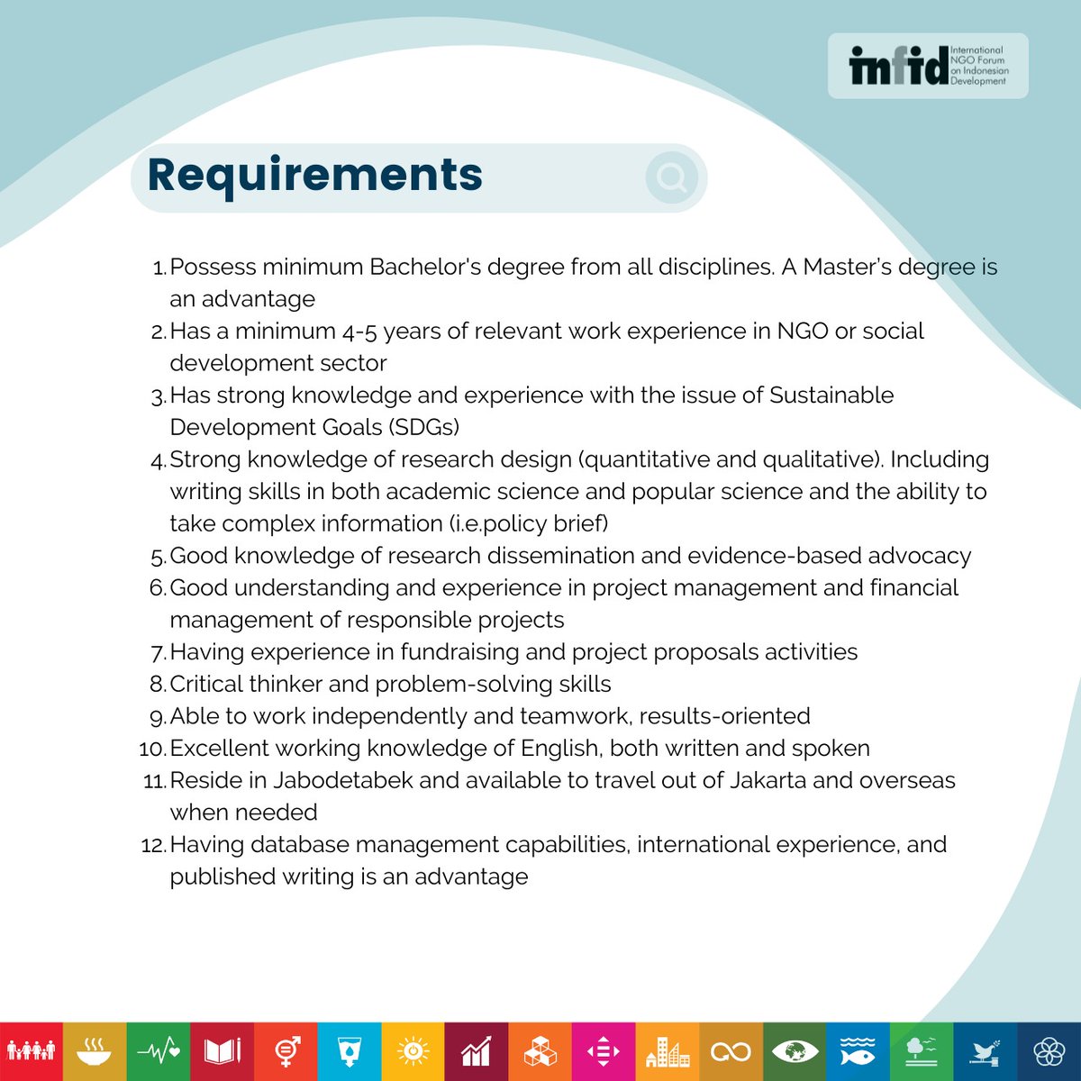 infid_ID's tweet photo. We're Hiring: Program Officer SDGs

Send your application at the latest June, 5th 2022. Only 4 best candidates will be contacted for the next process! 

#infid #SDGs #Hiring #jobvacancies https://t.co/TBkFpr8APF
