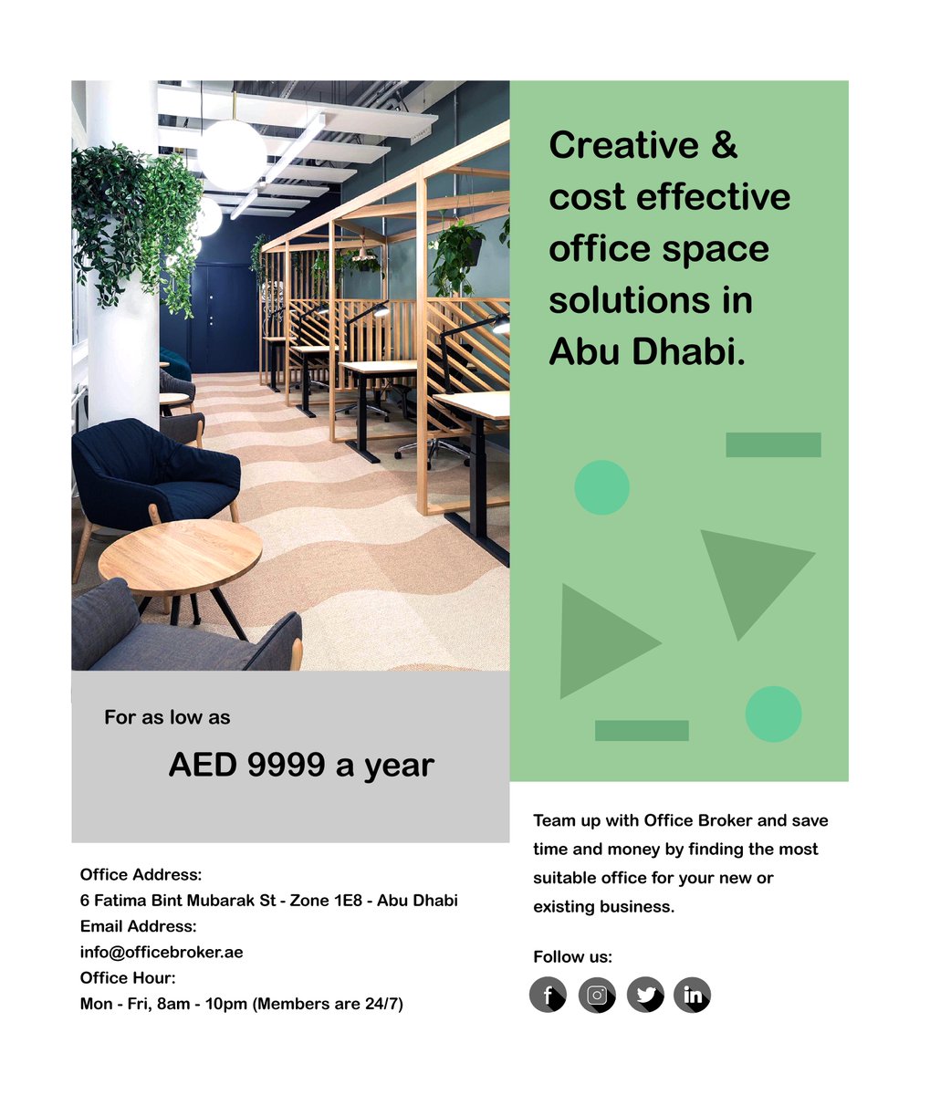 We have great deals on all of our office solutions. Check our website officebroker.ae to know more about our office solutions, or call us today!
#officespaceabudhabi #officespaceforrent #modernoffices #furnishedoffices #servicedoffices #coworkingspace #virtualoffice #uae