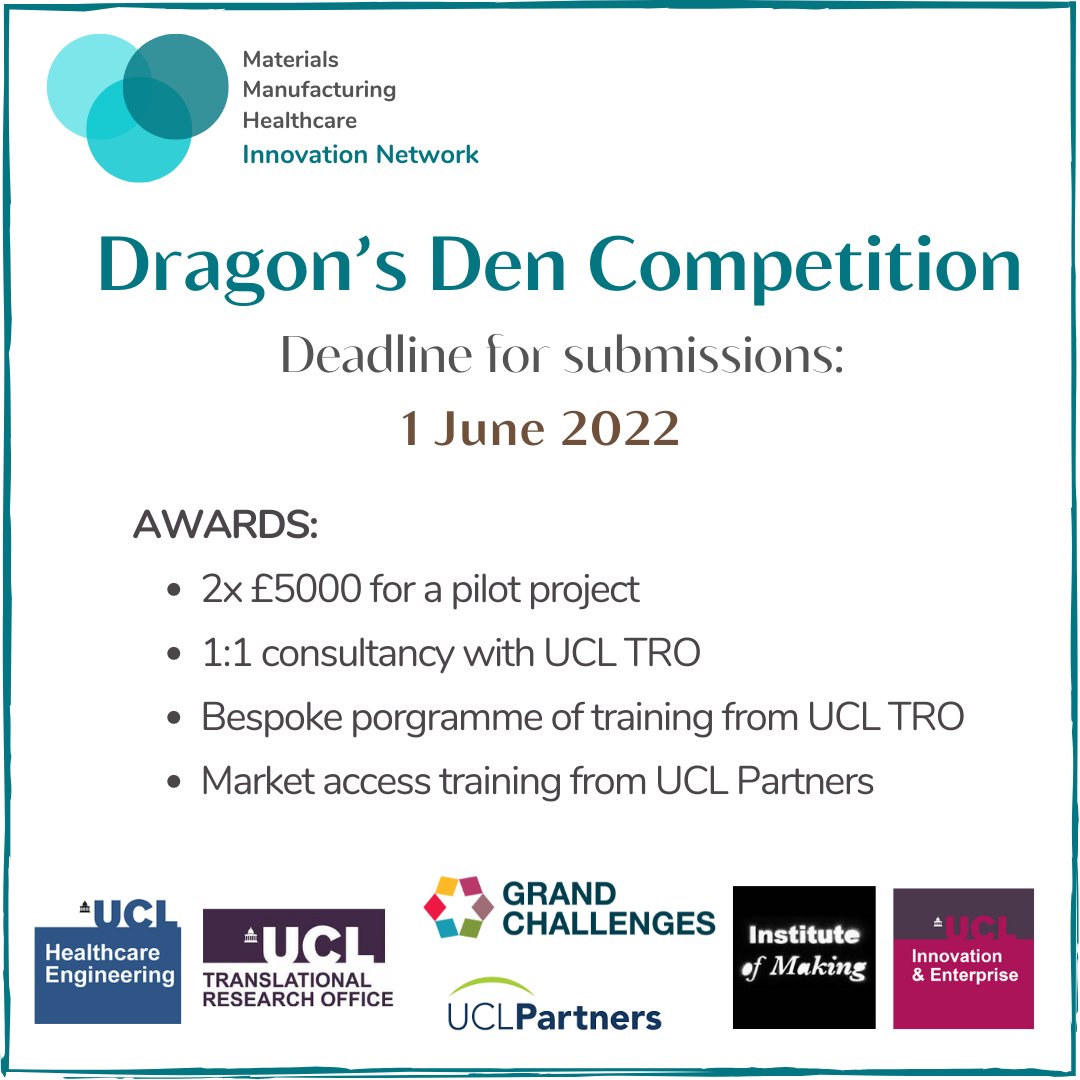 Don't miss the opportunity to take part in the Dragon's Den Competition for healthcare innovation. Apply by 1 June for the chance to win £5000 and bespoke training to fast-track your idea materialsinhealth.org/public_post/46
<a href="/markmiodownik/">Mark Miodownik</a> <a href="/uclh/">UCLH</a> <a href="/UCLPartners/">UCLPartners</a> <a href="/GrandChallenges/">UCL Grand Challenges</a> <a href="/rebeccajshipley/">Rebecca Shipley</a>