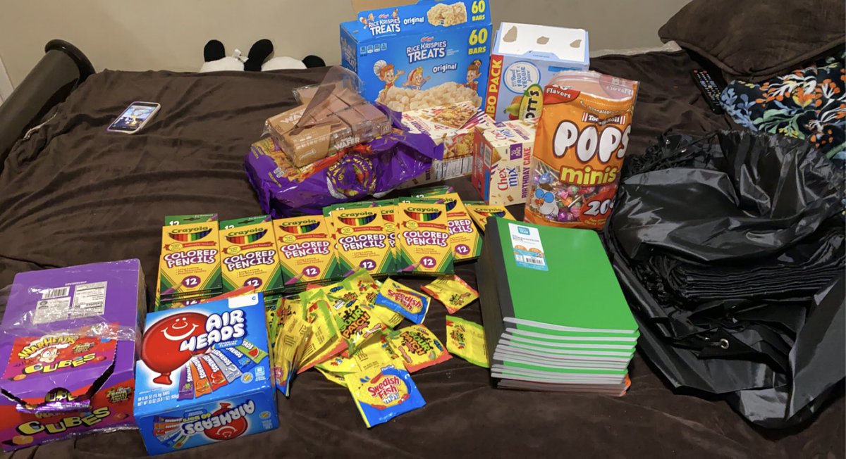 Mrs_TypeA's tweet photo. Favor bags in the making for my daughter who is turning #ELEVEN. Drawstring bags, chips, colored pencils, notebooks, cookies, granola bars, gummies, candies…#StrangerThings4 #strangerthingsparty #sugaroverload https://t.co/PYZL91S0Gt