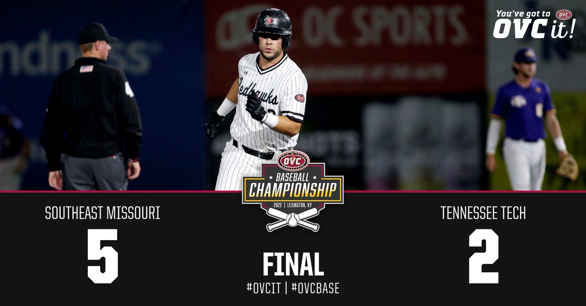OVCSports's tweet photo. 𝟮𝟬𝟮𝟮 𝗢𝗩𝗖 𝗕𝗮𝘀𝗲𝗯𝗮𝗹𝗹 ⚾ 𝗖𝗵𝗮𝗺𝗽𝗶𝗼𝗻𝘀𝗵𝗶𝗽

Game 9:
@SEMOBaseball: 5
@TnTech_Baseball: 2

Redhawks eliminate Golden Eagles to advance to Saturday's Championship Game against Belmont (12pm ET).

#OVCit | #OVCBase https://t.co/d6WCbdT7t4