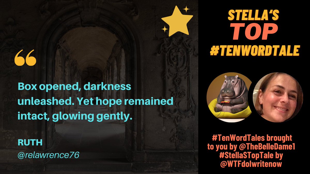 wtfdoiwritenow's tweet photo. Call the Gods, it’s time to crown the next Superior Being! Friday night means #StellasTopTale part of #10WordTales brought you by @TheBelleDame1. Tonight, we crown @relawrence76 for opening Pandora’s Box and unleashing some incredible storytelling talent. https://t.co/NFlrRWAlNQ