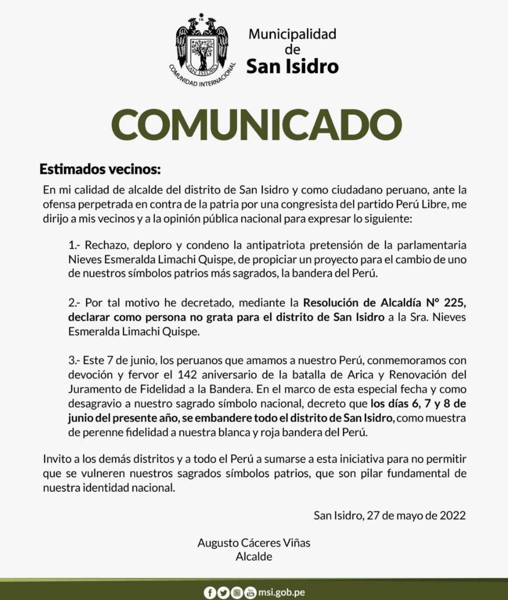 Alcalde de San Isidro, un ejemplo de burgomaestre, nuestra bandera 🇵🇪 es una sola