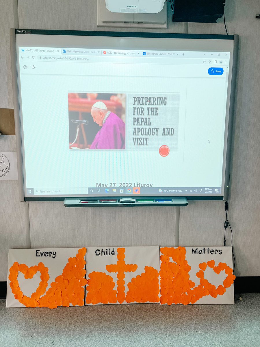 MelnychukSherri's tweet photo. Today @StFaustinaRCSD held a liturgy to learn more about @Pontifex’s apology as well as his upcoming visit. We also created a beautiful mural using the 215 orange hearts created one year ago today in remembrance of the #215inmarked graves in Kamloops. 🧡 https://t.co/EzPJ4E01wd