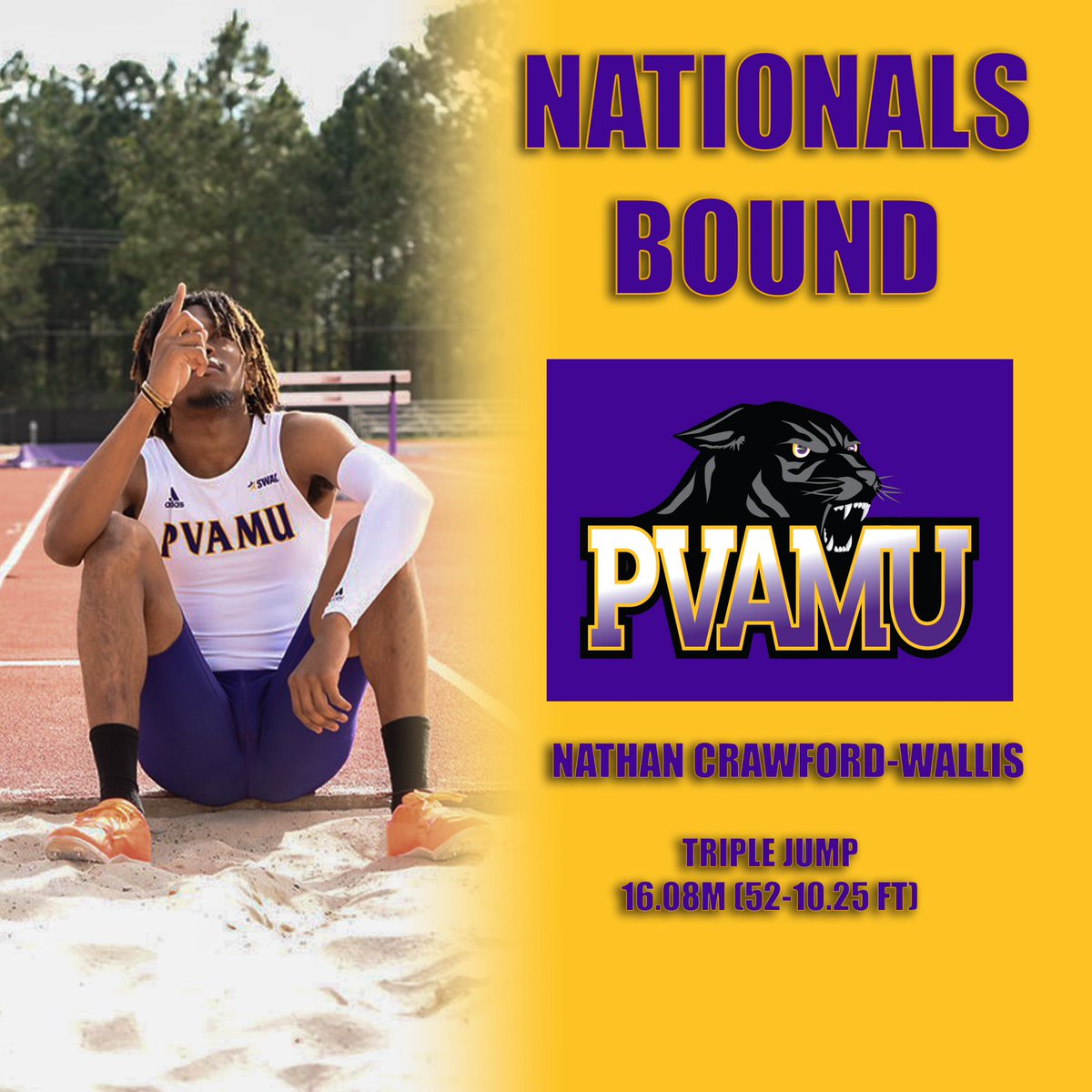 Next stop: 𝙀𝙪𝙜𝙚𝙣𝙚 📍

<a href="/Yovng_Flyer246/">AIR NATE RETRO 2θ🇧🇧💙</a> has officially entered the NCAA Outdoor Championships, jumping 16.08m [52-10.25 ft] in triple jump! 

PPPPPPVVVVVV ✊🏾

#pvamutf 🏃🏾‍♂️💨