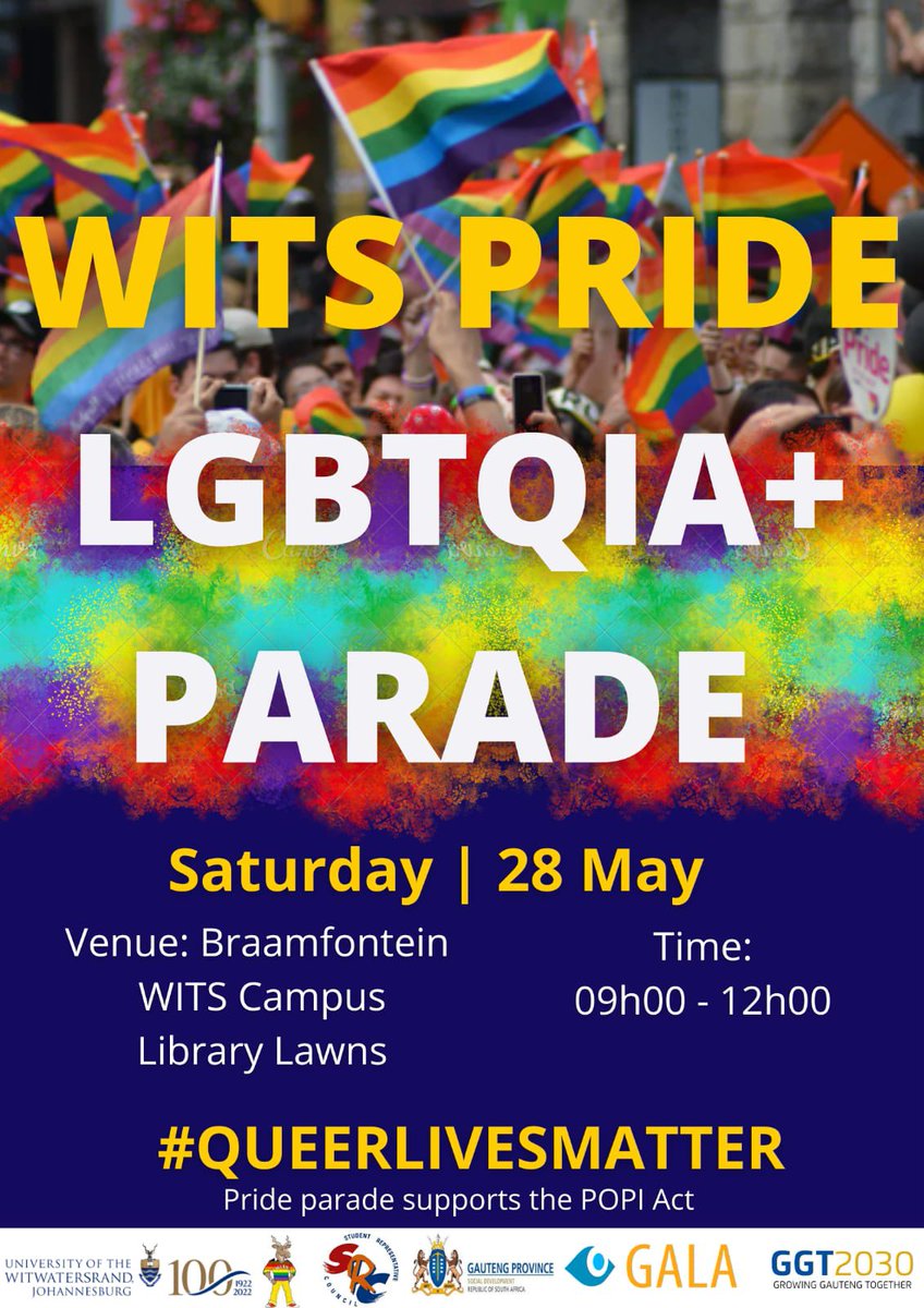 Wits_SRC's tweet photo. ‼️ATTENTION‼️ Hello Witsies! TODAY IS THE DAY YOU’VE ALL BEEN WAITING FOR!!! We are proud to bring you WITS’ 2nd annual 🏳️‍🌈 WITS PRIDE PARADE 🏳️‍🌈 Come out in your numbers and be as colourful as you can be 🥺🌈 https://t.co/gF9lF3Hxiz