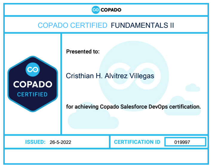 calvitrez's tweet photo. New certification "Copado Fundamentals II". I need new voucher for next Consultant certification 😇 @akaCarioca 😅💪💪 https://t.co/GXBmZLiKKh