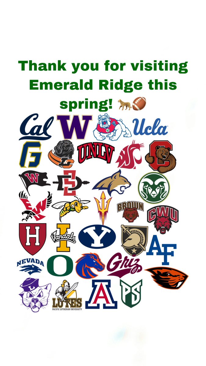 JagNationFB's tweet photo. Thank you to these schools for visiting Emerald Ridge this spring to check out our football players! Go Jags!🐆 https://t.co/ZyRENm5CBA