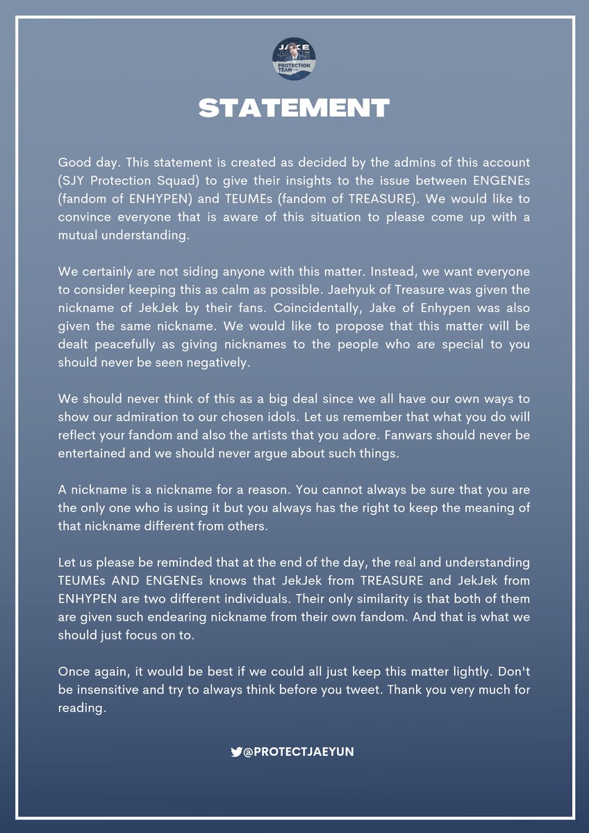 [⚠️NOTICE] 220528

Statement regarding 'JekJek' situation.

Kindly read the following with an open mind and proper understanding. It is always better to handle things peacefully.
