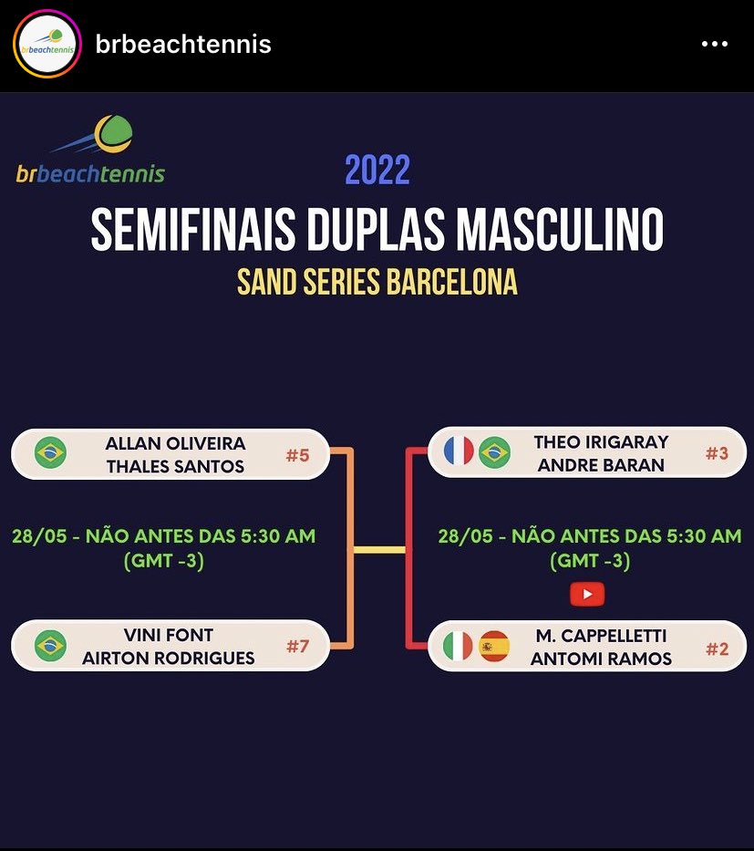 profhenriquebt's tweet photo. SEMIFINAIS CHAVE MASCULINA SAND SERIES BARCELONA 2022 🎾🔥🏖🇪🇸

🇧🇷 Allan Oliveira e 🇧🇷Thales Santos   X    🇧🇷Vini Font e 🇧🇷Airton Rodrigues

🇫🇷Theo Irigaray e 🇧🇷André Baran   X   🇮🇹M. Cappelletti e 🇪🇸Antomi Ramos

@ITFbeachtennis @AntomiRamos https://t.co/AyTROaWMBF