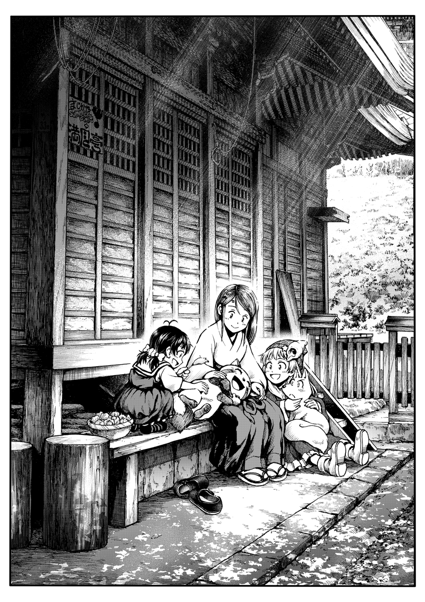 先日のコミティア140にて配布した、ペーパーのイラストです。
委託販売させて頂いている、満月亭さかなさん@toto_sakanaの漫画『まだ夏のチッテト』から、ミドリさん・狸のチッテトちゃん・狐のガジロー君を、
私の漫画『ふたりはるか』のちびっ子二人と共演で描かせて頂きましたヾ(@⌒▽⌒@)ノ