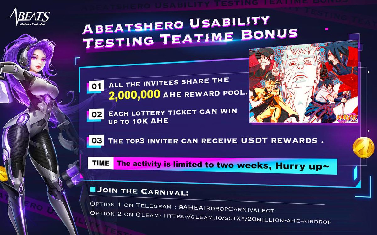 #Abeats game first release#
#Staking to win 5 Naruto-Themed hero card value 200u#
 NFT for P2E
💰 abeats.com/events/whiteli…
※ 1.Only in the top 1000 users.
  3 .You can buy ABTS with USDT，BNB  ,ETH,AVX.
Join with our website: Abeats.com