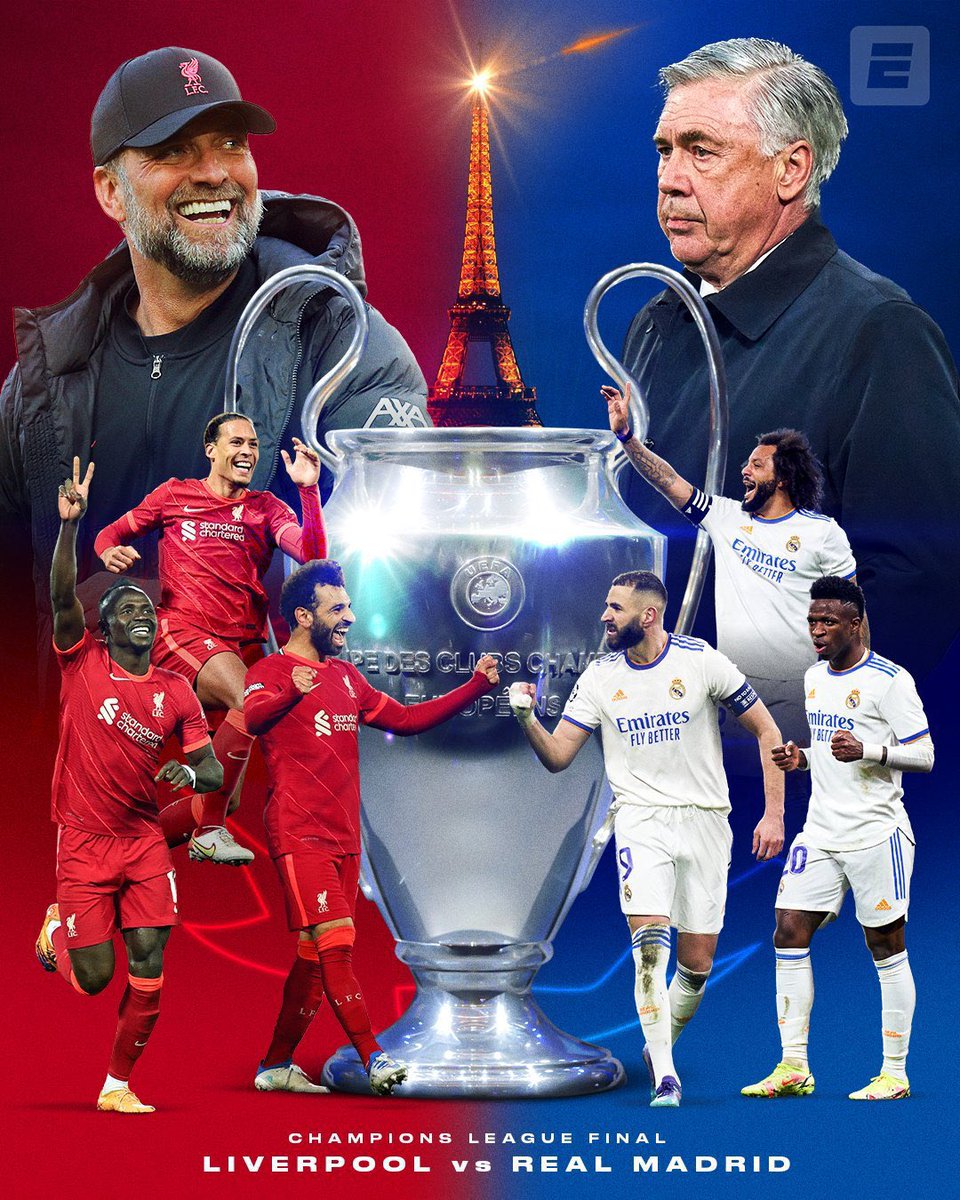 🚨 Final Day, Decision Day, Match Day 🚨

 🔴 Liverpool x Real Madrid ⚪️
 🏆 Champions League Final
 20.00 GMT
 🏟 St-Denis Stade, France — Paris
 🇫🇷 Referee Clément Turpin

 Liverpool for the seventh
 - Real Madrid for the fourteenth

 🔥🔥🔥🔥🔥
#UCLfinal