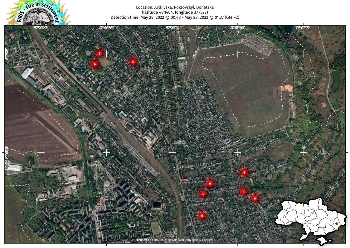 FIRIS_FireAlert's tweet photo. 🇺🇦 Multiple fires detected on the night of May 27-28 within Avdiivka in Pokrovskyi, Donetska, #Ukraine. https://t.co/N5HAS7R7AW