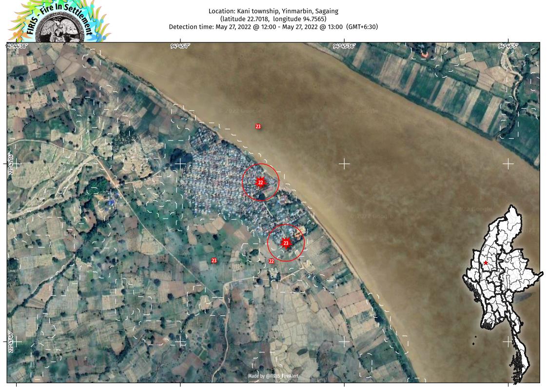 FIRIS_FireAlert's tweet photo. 🇲🇲 Fires detected on May 27 within Kin Ketaung villages along the Chindwin river in Kani township, Yinmarbin, Sagaing region, #Myanmar. https://t.co/HmdwMZI9bT