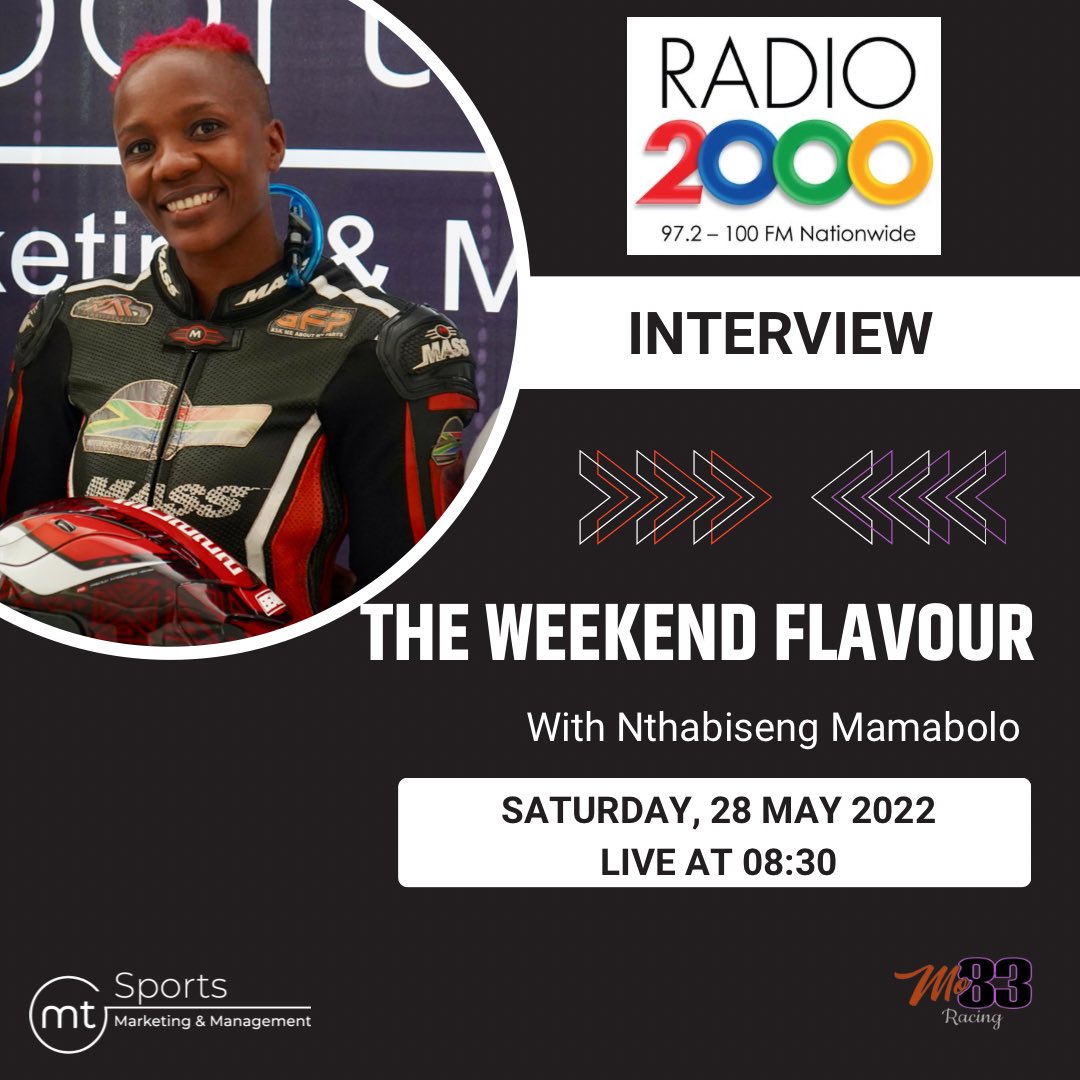 MTSports10's tweet photo. Good morning! Be sure to tune into @Radio2000_ZA #WeekendFlavour this morning.
At 08:30 @momahope83 will be speaking to @nthabimamabolo_ about the world of super bikes and more π»ππ
#womeninmotorsports #Mo83 #WeAreLegacyMakers https://t.co/BQIldKhnQM