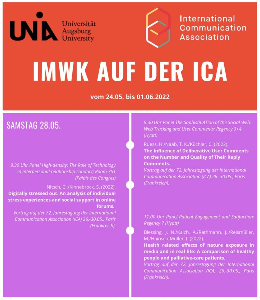 ForDigitHealth's tweet image. Auch #ForDigitHealth ist mit zwei Vorträgen auf der #ICA22 vertreten. Heute halten @CordulaNitsch &amp;amp; Prof. Dr. Susanne Kinnebrock ihren Vortrag „Digitally stressed out. An analysis of individual stress experiences and social support in online forums.” icahdq.org/page/ICA2022