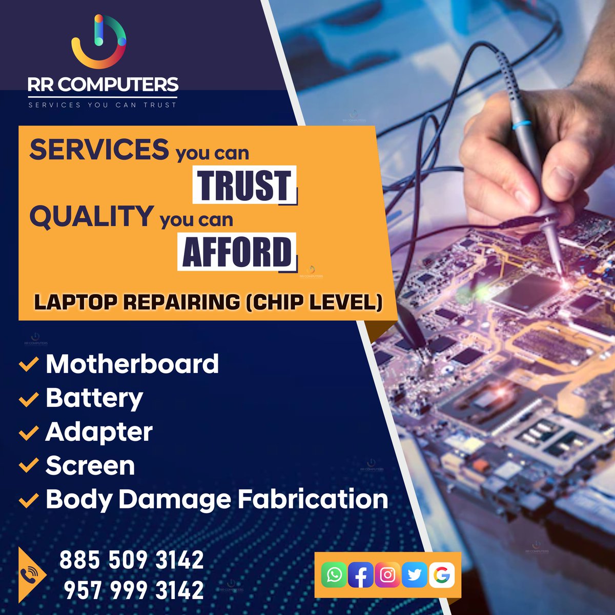AKASHJA87644094's tweet image. SERVICES you can TRUST
QUALITY you can AFFORD
Laptop Repairing (Chip Level)
Motherboard
Battery
Adapter
Screen
Body damage Fabrication

Contact us on :
8855093142
9579993142

#RRComputers #ComputerSalesandService #ComputerRepairInNashik #NashikComputers #RRComputerNashik