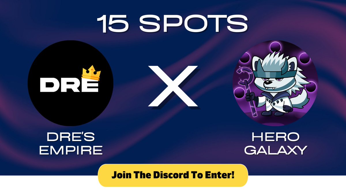 Hero Galaxy x Dres Empire 

 <a href="/HeroGalaxyNFT/">Monisha Nagaraj</a> has given us 12x wl spots to giveaway on discord and 3x to giveaway on twitter

To Enter: 
1. Follow: <a href="/HeroGalaxyNFT/">Monisha Nagaraj</a>, <a href="/Dres_Empire/">Dre</a> + <a href="/Legend_Legolas/">Legolas</a> 
2. Like, rt and tag 3 friends
3. Join: discord.gg/dresempire

Ends in 48h