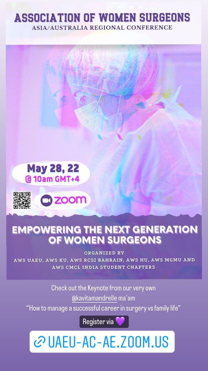 Association of Women Surgeons would like to invite you to its second Asia/Australia Regional Conference titled “Empowering the next generation of women surgeons.”

Starting soon in 30 min 💜🥳
<a href="/AWS_UAEU/">AWS UAEU Student Chapter</a> <a href="/AWS_Kuwait/">AWS KU</a>