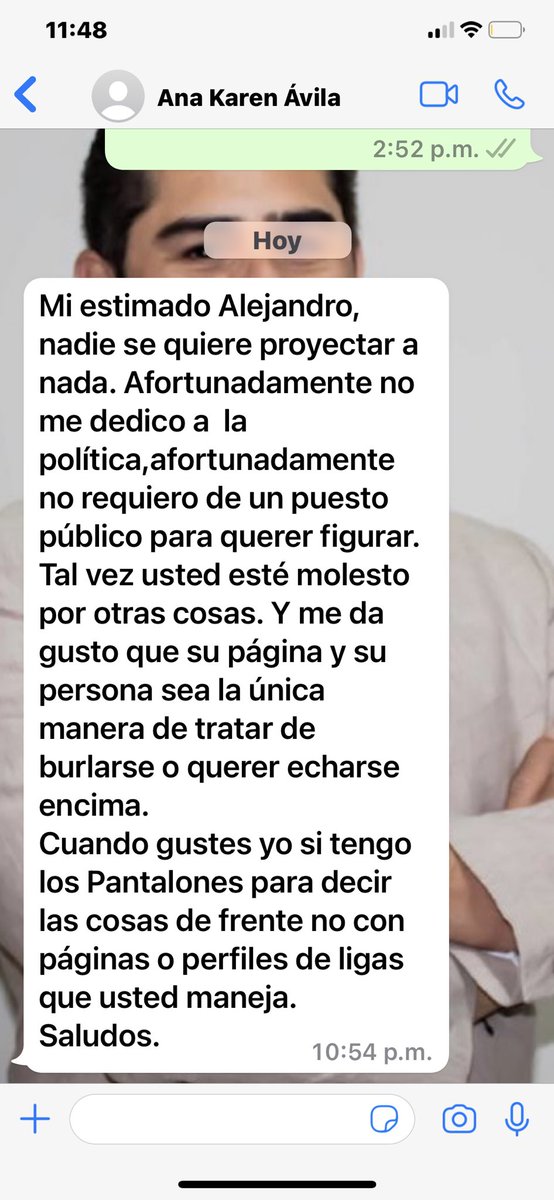 AlejandroEdC's tweet photo. A las 10:54 pm enviarme un mensaje vía WhatsApp retador, intimidante y con enorme falta de respeto, q no olvide q es funcionaria pública, que no puede coartar la libertad de expresión con amenazas e insultos y q no por ser mujer tiene derecho a faltar al respeto @AispuroDurango https://t.co/Pa4BNg6xhp