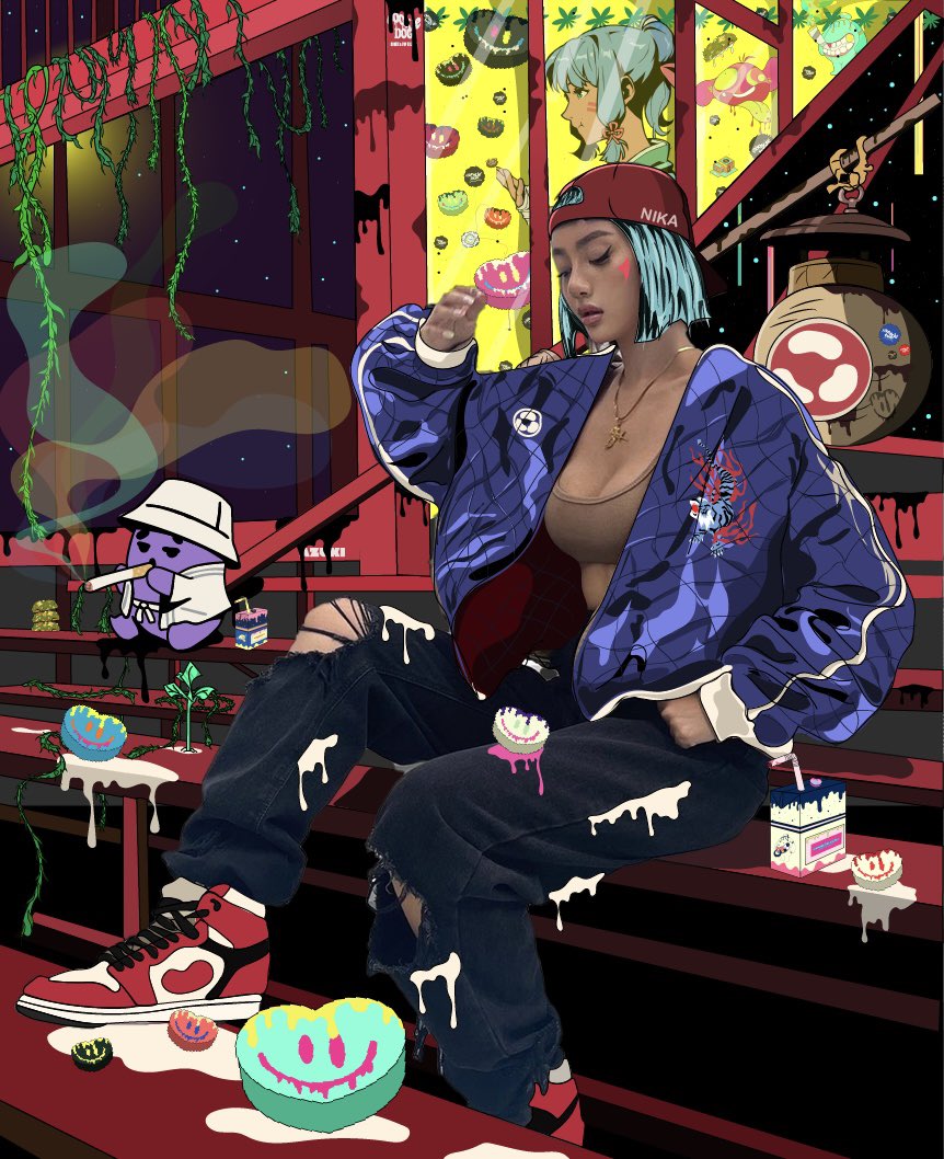 Nika is chillin in the garden with Ash.
Smoke and Drink.
She must be another nika in the parallel universe 
and Ash is also zaga
the place is filled with heartcandy from cookiedog
you can access the multiverse with that
which one do you prefer?
<a href="/AzukiOfficial/">Azuki</a> <a href="/roadnjourney/">RODNEY</a> 
#nika