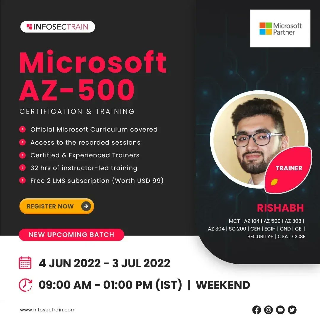 Infosec_Train's tweet photo. Microsoft AZ-500 Certification & Training
Enroll Now: https://t.co/G2XnSmMQG0
Email: sales@infosectrain.com
#az500 #cloud #cloudsecurity #azure #microsoftazure #security #azuresecurity #azuretechnology #certification #informationtechnology #learntorise #infosectrain https://t.co/ex6fE77E52