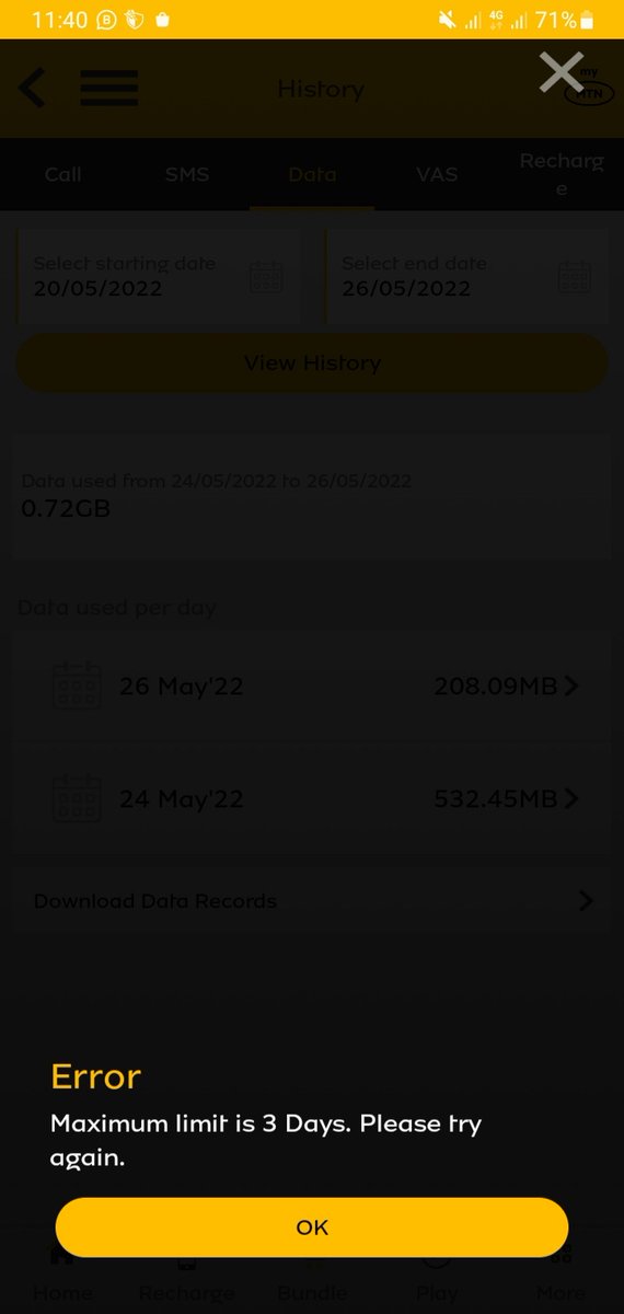 Ola_Quest's tweet photo. It's strange @MTN180 direct users to go to their app for record of usage. App that doesn't function properly, my 20g was zigzaging &amp; fluctu8in btw error data bal. Why can't we get full records of 30days usage? Why limit to 3 days, that's not transparent, poor &amp; inconvenient. https://t.co/j9OihpWIac
