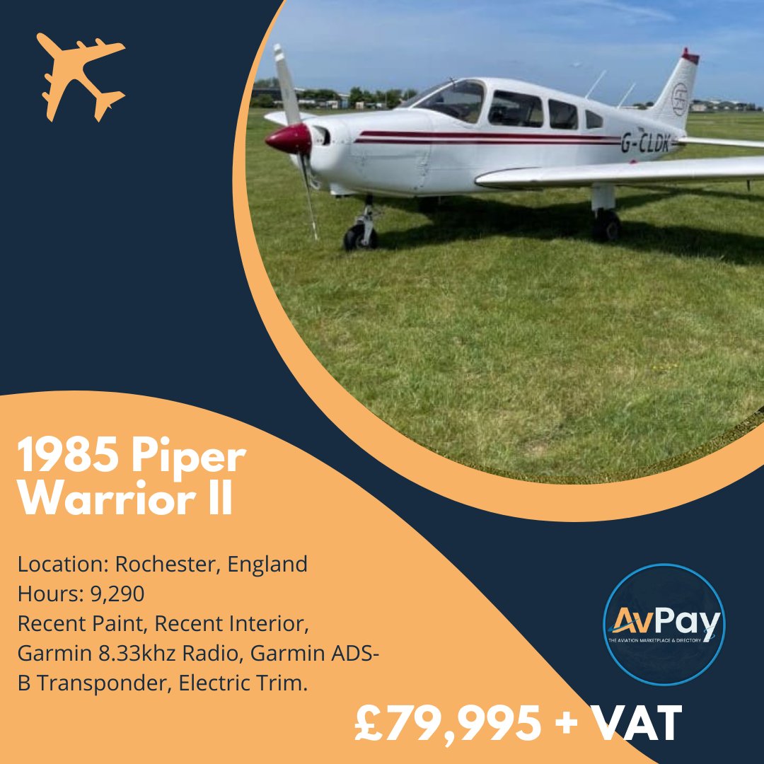 View listing at avpay.aero/company/uk14-f… 

#piper #piperwarrior #aircraft #aircraftlovers #airplane #airplanelovers #avpay #aircrafts #aviation #pa28