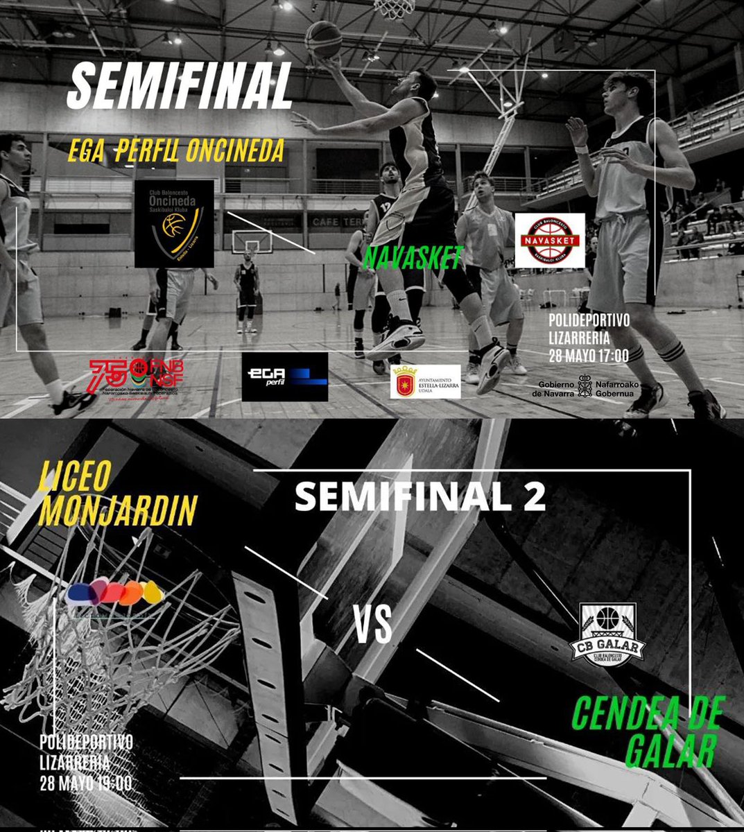 FNBaloncesto's tweet photo. ¡FINAL A CUATRO!

🏟️ Polideportivo Lizarreria (Estella)

🏀 Ega Perfil @oncineda vs @Navasket

⏰ S17.00h

🏀 #LiceoMonjardin "B" vs #CendeaDeGalar

⏰ S19.00h

🏆 Semifinales #F4SeniorMasc1AutNAV

🔗 https://t.co/vbjPgj7uBj https://t.co/ICCOiEGU6p