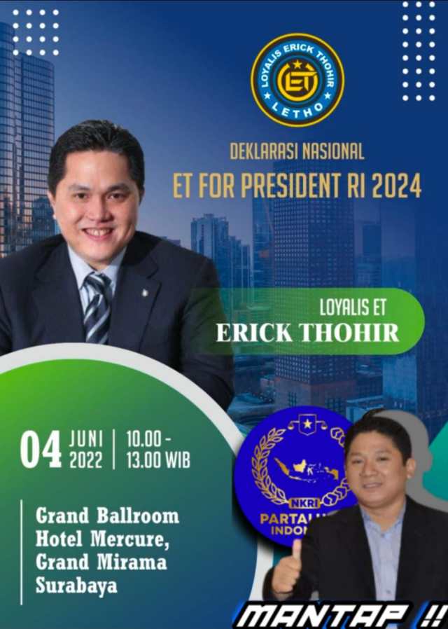 Selamat dan Sukses Deklarasi Nasional Loyalis Erick Thohir for President 2024