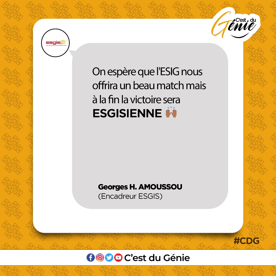 C'est Du Génie (@c_du_genie) on Twitter photo Réponse d <a href="/EsgisUni/">ESGIS UNIVERSITY </a> à <a href="/GlobalEsig/">ESIG GLOBAL SUCCESS</a> par le biais de leur Encadreur. Décidément, ça promet cette première demi-finale.
#CDuGenie #CDG #Tgtwittos #CultureGenerale Réponse d <a href="/EsgisUni/">ESGIS UNIVERSITY </a> à <a href="/GlobalEsig/">ESIG GLOBAL SUCCESS</a> par le biais de leur Encadreur. Décidément, ça promet cette première demi-finale.
#CDuGenie #CDG #Tgtwittos #CultureGenerale