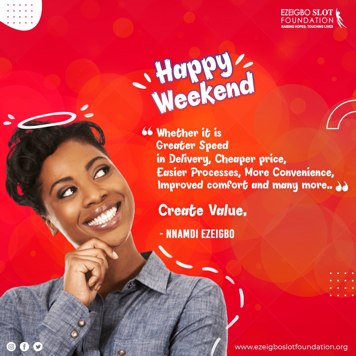 nnamdiezeigbo's tweet photo. Make up your mind to Create more value this weekend. 👍
Happy Weekend! 🤩🥳
.
.
.
#nnamdiezeigbo #createvalue #happyweekend #slotlimited https://t.co/zJoBE2jr75