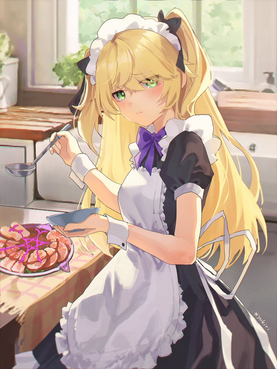 fischl (genshin impact) 1girl green eyes blonde hair maid apron maid headdress two side up  illustration images