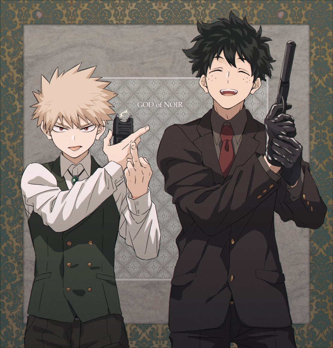 bakugou katsuki ,midoriya izuku multiple boys 2boys necktie freckles weapon gloves male focus  illustration images