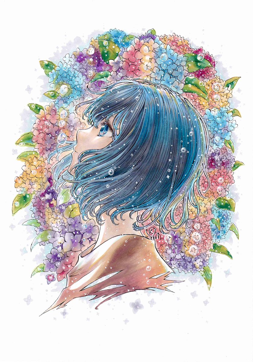 1girl solo blue eyes flower short hair hydrangea blue hair  illustration images