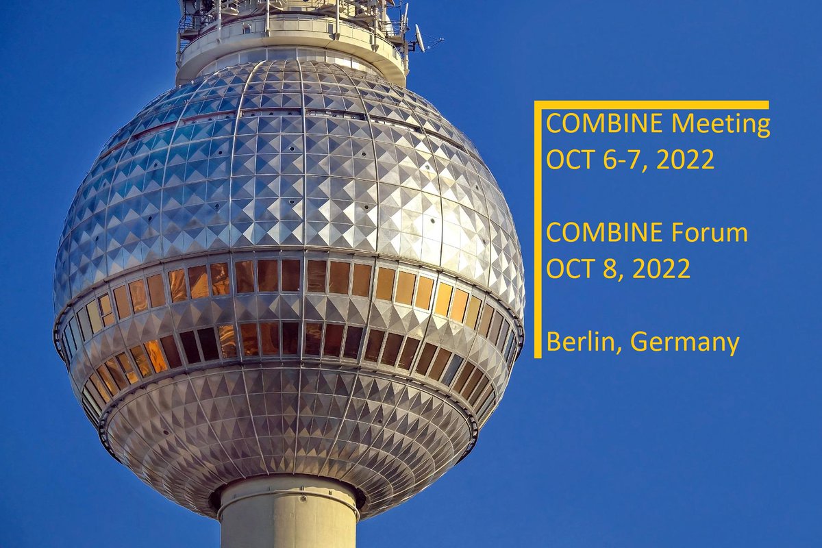 Join us October 6-8, 2022 for #COMBINE2022! Co-located with #ICSB2022. In Berlin (Germany). 

COMBINE Community meet-up Oct 6-7, 9a.m.-6p.m ** COMBINE Forum Oct 8, 8a.m.-1:30p.m. 

Details and Call for papers to come. Be on the look out!