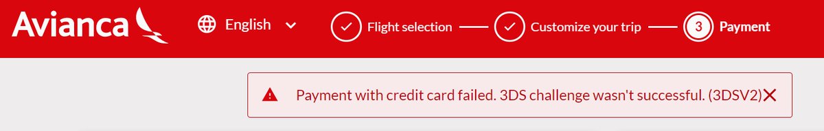 alccapp's tweet photo. @Avianca I am so so fed-up with @Avianca
 It is impossible to make a booking from London to Medellin nor get any assistance. I always get that stupid message code 3DSV2 no matter what I use to pay with,, Service has always been so bad and it does not change https://t.co/O9reHu5jq4