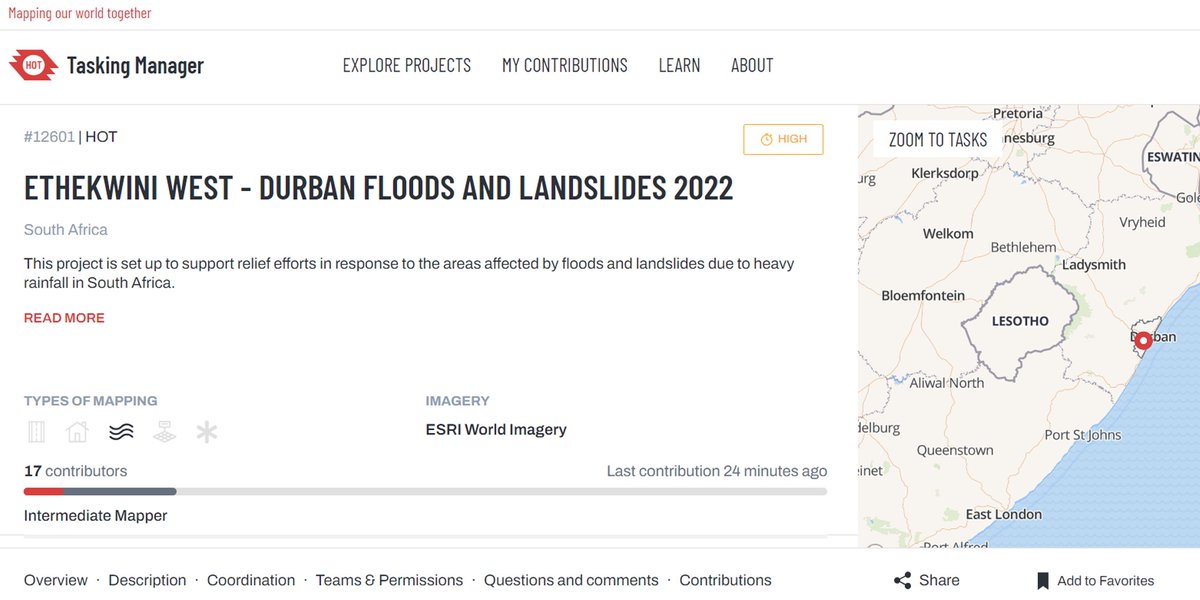 Appeal to mappers: There is an urgent need to #map Durban city and surrounding areas in #SouthAfrica, affected by severe flooding and landslides caused by heavy rainfall in April. Contribute to project #12601 on the HOT Tasking Manager today!
tasks.hotosm.org/projects/12601…
#OSM