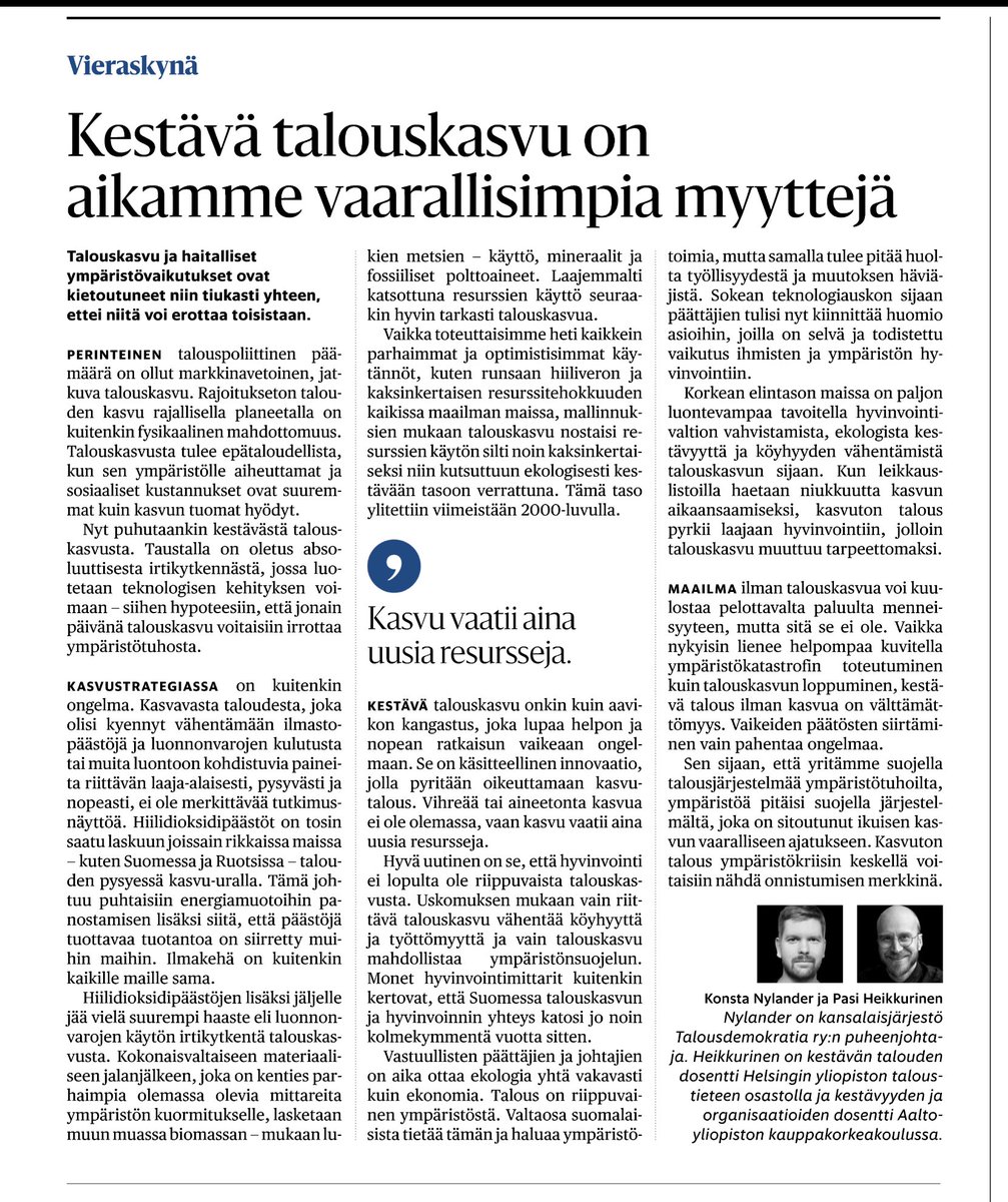 Kirjoitettiin Pasi Heikkurisen kanssa HS Vieraskynä kestävän talouskasvun ongelmista. 
hs.fi/mielipide/art-…

Valtavirtaisen taloustieteen parissa viihtyville tämä voi tulla uutena asiana, muille tähän liittyville tieteenaloille ehkä vähemmän.

Muutama viite alla: