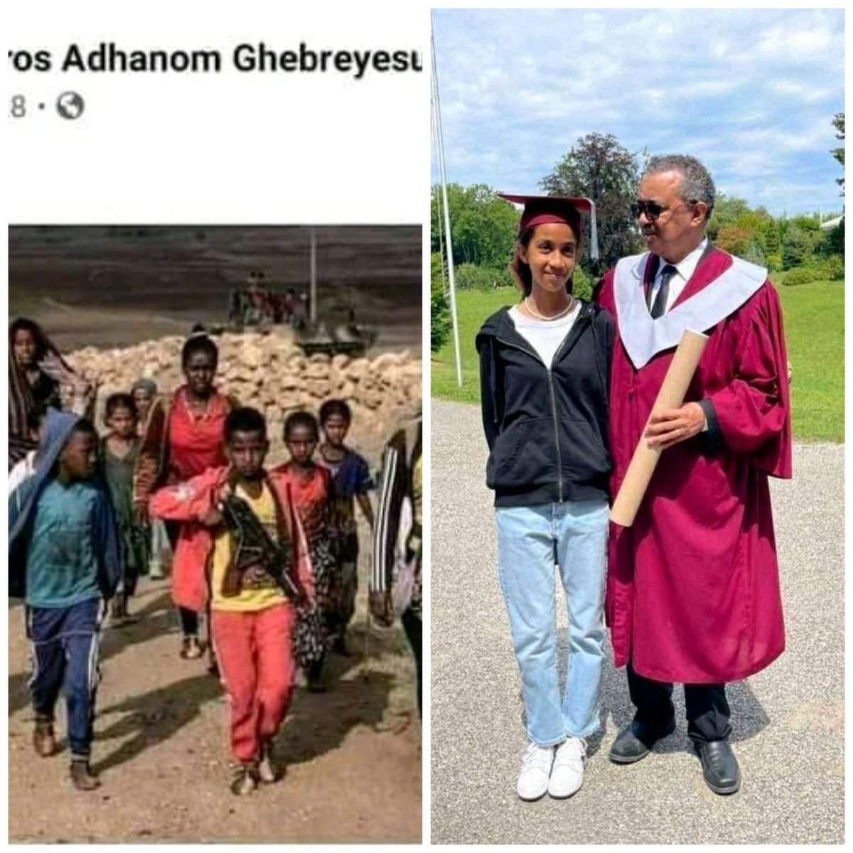DerejeMelaku2's tweet photo. A picture tells more than thousands of words. "Abraha family" is #Siye, one of the promoter of z #TPLFTerroristGroup treasonous war, with his children graduation in #US. @DrTedros with his daughter & 'pride' remark in sending teenage boys &girls of the Tigre to die. #DisarmTPLF https://t.co/lp76CsO4yj