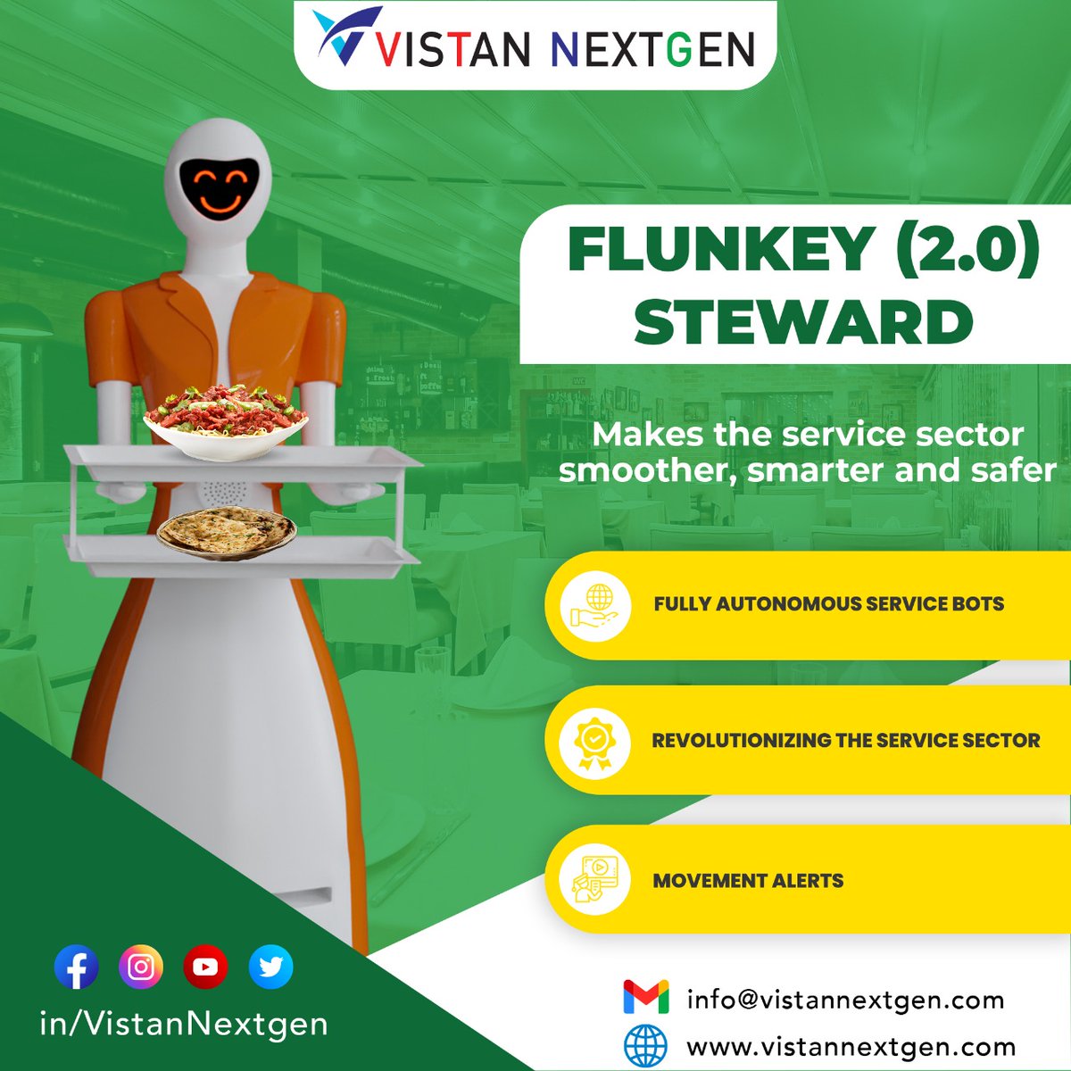 NextgenVistan's tweet photo. For smoother, smarter and safer service, making it easy and comfortable for the service industry, is our #FLUNKEY (2.0) STEWARD. To know more call VISTAN ROBOTEK 095736 43526 
.
#vistannextgen #servicerobots #robosatrestaurants #robosatwork #robomanufacturing https://t.co/BM4fvy7FIo