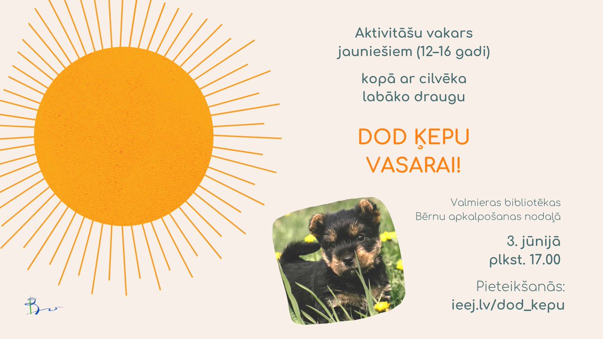 3. jūnijā plkst. 17.00 Bērnu apkalpošanas nodaļā norisināsies aktivitāšu vakars jauniešiem (12–16 gadi) "Dod ķepu vasarai!" kopā ar mūsu bibliosuni. ☀️
Pieteikšanās: ieej.lv/dod_kepu