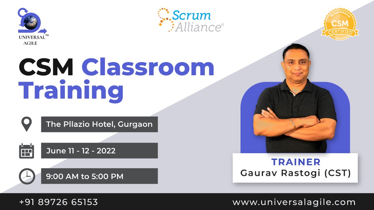 UniversalAgile's tweet photo. Join the In-Person CSM Training by Gaurav Rastogi, CST.
Book your seats now!!

Date: June 11-12
Timings: 9 AM to 5 PM
Venue: The Pllazio Hotel, Gurgaon

#UniversalAgile #csmcertification #certifiedscrummaster #scrumalliance #offlineevent #classroomtraining #facetofacetraining https://t.co/TdTKkR4a6s