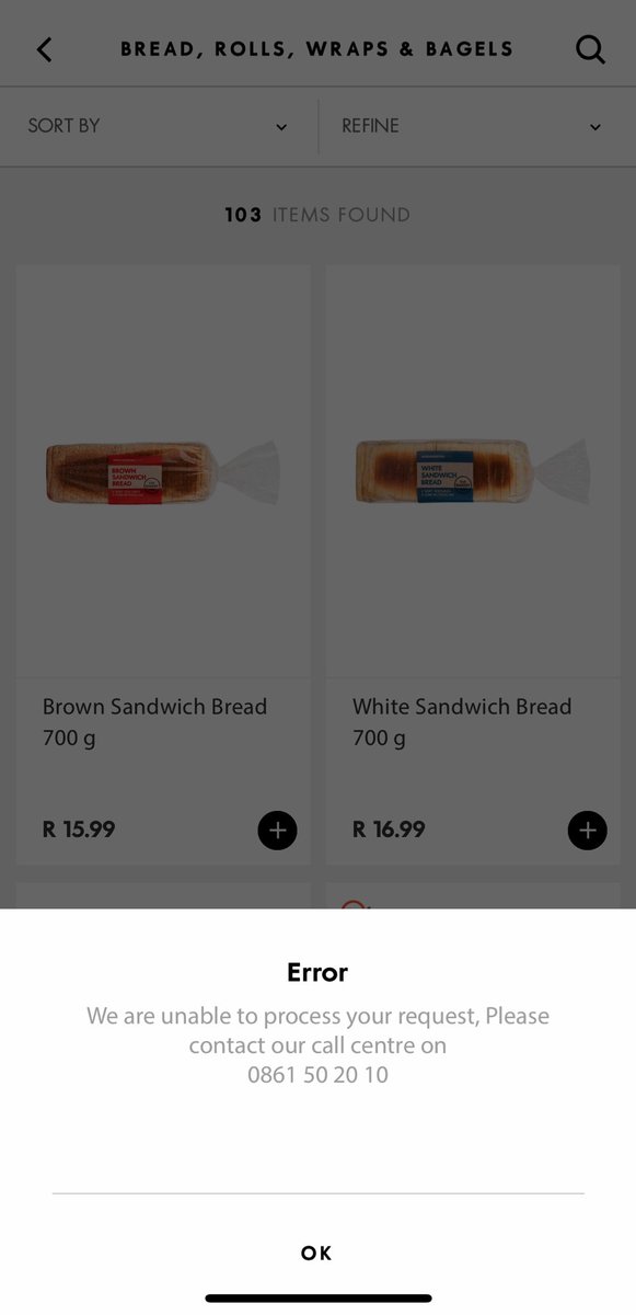 Chereced's tweet photo. @WOOLWORTHS_SA is there is issue with the app? I can’t add anything to my basket? I get the below error everytime on any item? Just says unable to process request? https://t.co/gmcKHj9Lj3