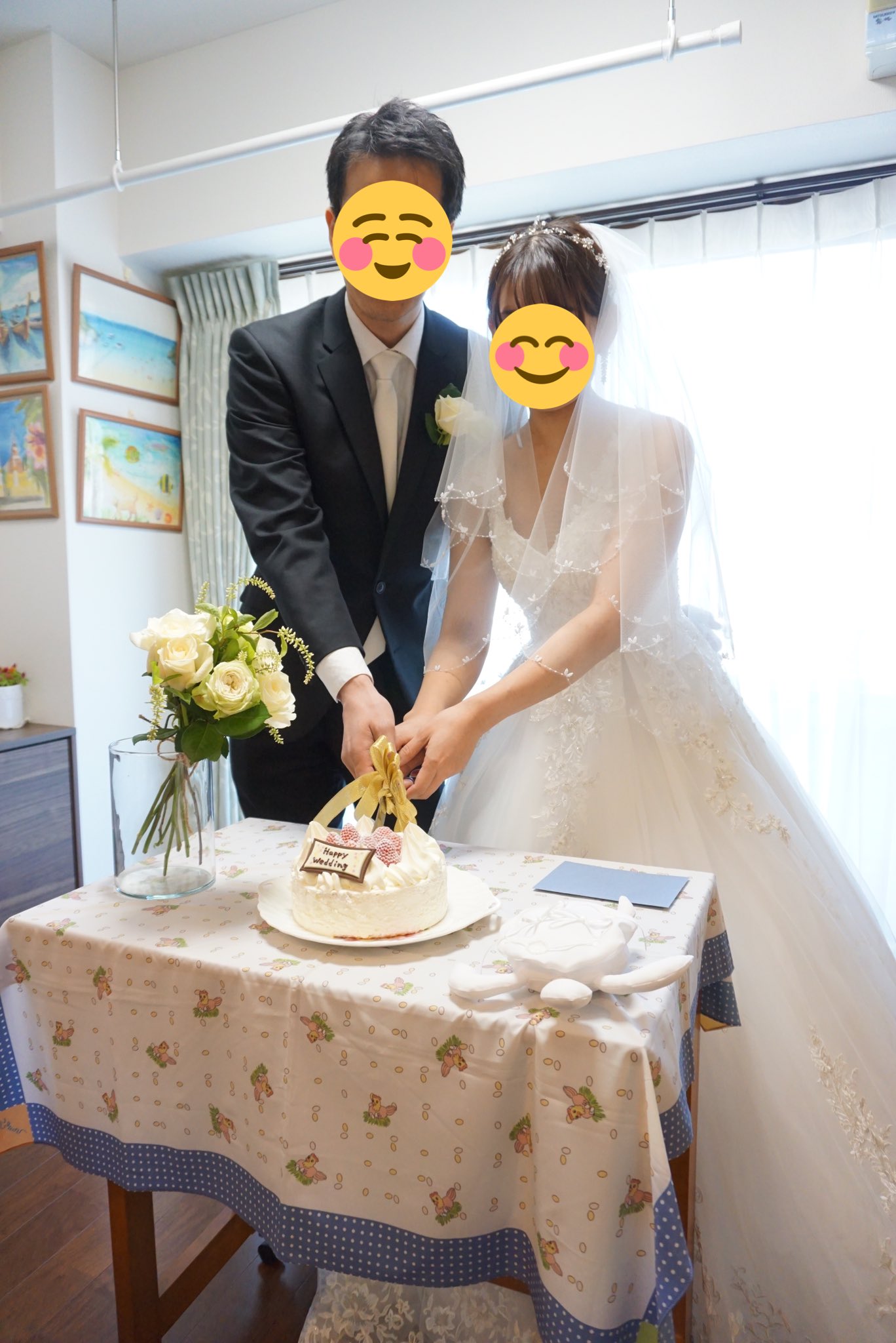 みかん プレ花6月ハワイ9月国内挙式 実家でのハンドメイド結婚式 結びました 寝たきりの父が 頑張って分も車椅子に座って見守ってくれました パイプオルガンのbgm 新郎新婦入場 誓いの言葉 指輪交換 ケーキ入刀 感謝の手紙 簡単ではあるけど