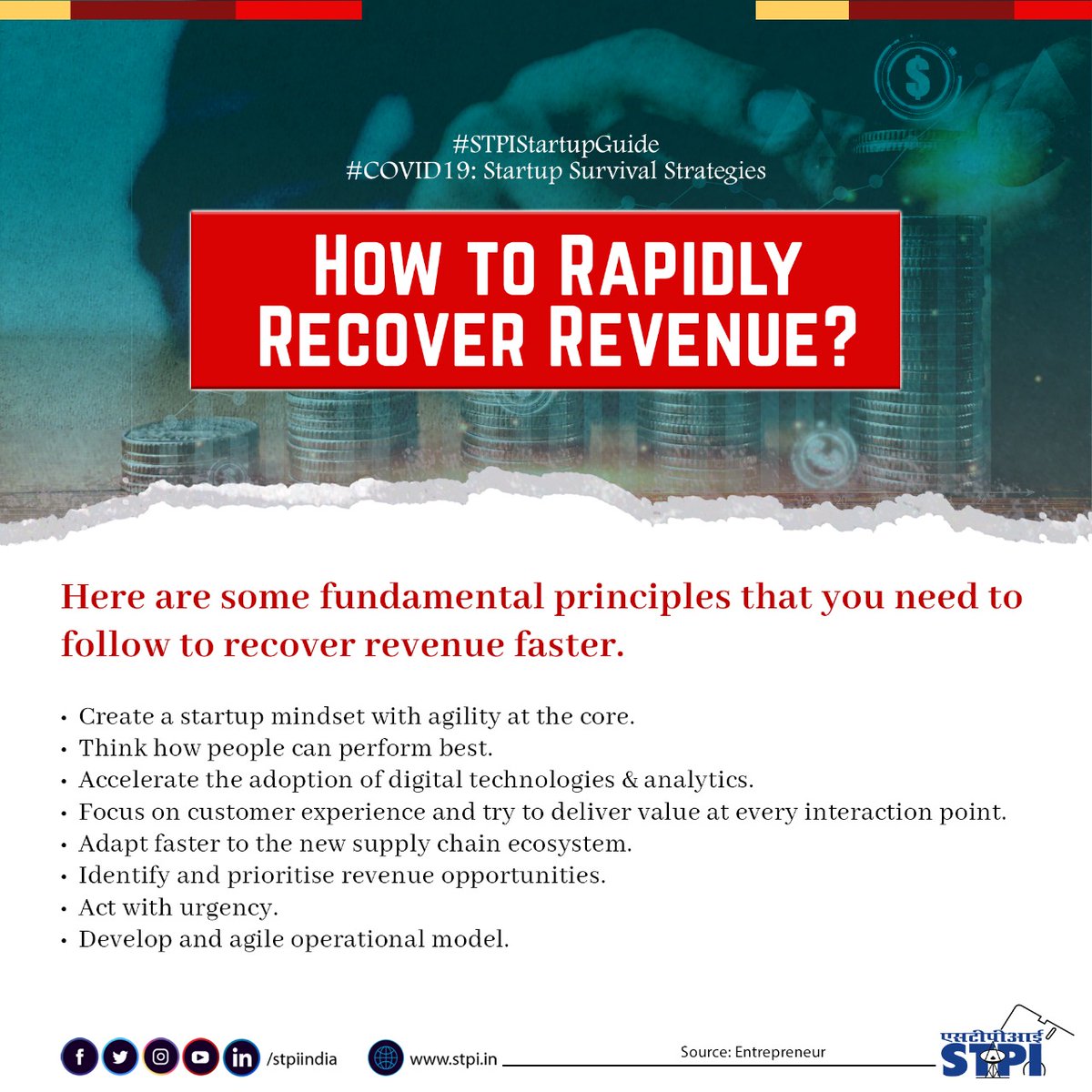 stpiindia's tweet image. #Startups can rapidly recover revenue by infusing agility in the organization, measuring performance, accelerating adoption of digital technologies, boosting customer experience, adapting new supply chain, and prioritising revenue opportunities. #STPIINDIA #STPIStartupGuide